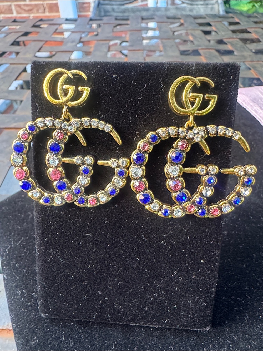 Earrings Gold-Tone Crystal Drop Earrings with Blue and Pink Stones